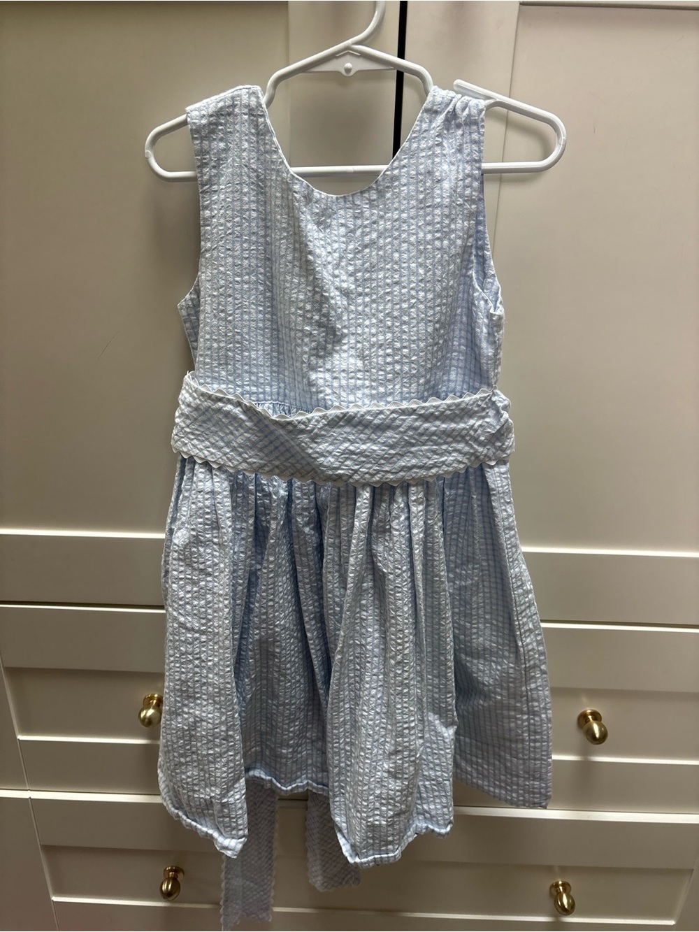 Girls' Light Blue Textured Seersucker Waist-Sash Party Dress